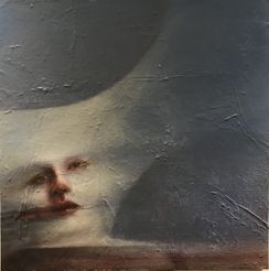 Mette Kærgaard Kølbæk Maleri Ansigt i hvide skyer, 60x60cm